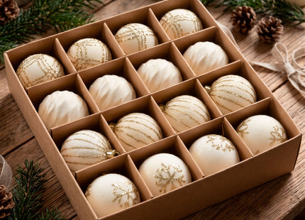 Kerstballen | 16 Stuks | 6 cm | Goud/Wit | 4 Patronen