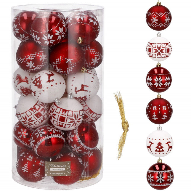 Kerstballen | 30 Stuks | 7 cm | Rood/Wit