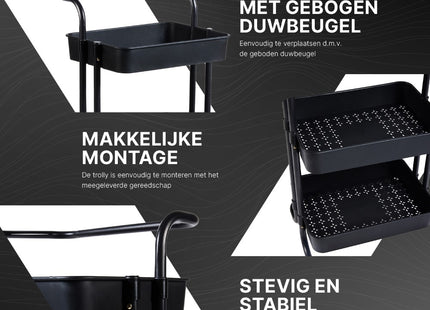 Keukentrolley | Keukentrolley Op Wieltjes | Badkamer Trolley | Opbergrek | 3 Niveaus | 87 x 42 x 32 cm | Zwart