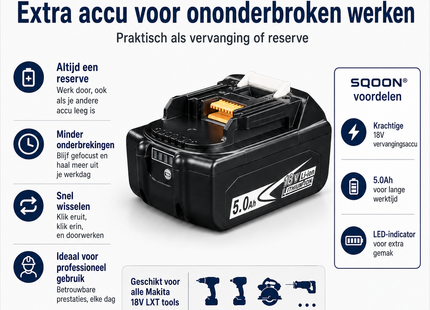 SQOON® Accu geschikt voor Makita 18V LXT – 5.0Ah Li-ion – Met LED-indicator