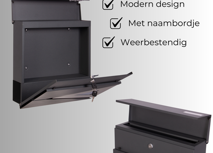Brievenbus - Wandbrievenbus - Hangend - Kijkvenster - Staal - Zwart - Zilver- 10,5 x 37 x 37  cm