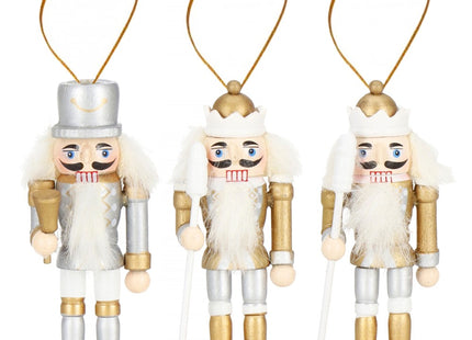 Notenkraker Kerst | Houten Soldaat | Kerstversiering | 3 Stuks | Zilver/Wit/Goud | 8 cm