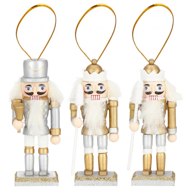 Notenkraker Kerst | Houten Soldaat | Kerstversiering | 3 Stuks | Zilver/Wit/Goud | 8 cm
