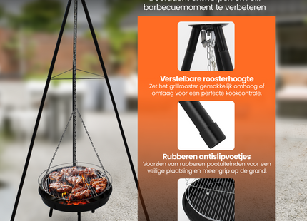 Muntel® BBQ Tripod - Driepoot - 6 in 1 - Inclusief Pot - Inclusief Rooster - Inclusief Vis Rookplankjes - Inclusief Vuurschaal - 6 X Spies - 1 X Suikerhoedhouder -  65 x 180 cm