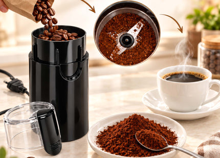 Elektrische Koffiemolen 150W – Koffiebonenmaler 100 Gram – RVS Messen – 24.000-28.000 RPM – Elektrische Kruidenmolen – Zwart – Inclusief Reinigingsborstel