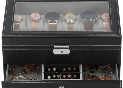 Horlogedoos -Sieradendoos - Horlogebox - Horlogeopberger - Zwart - 12 Horloges - 30x20x13 Cm