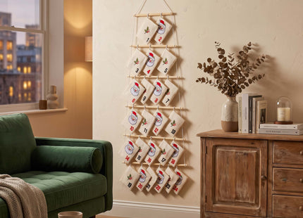 Adventskalender 24 Zakjes – Hangende Kerstkalender 100 cm – Vilt en Hout – Herbruikbare Adventskalender om Zelf te Vullen – Meerkleurig