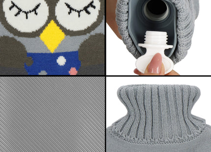 Warmwaterkruik- Sweater -Hoes - Uil- 2L - Inhoud - Pijnverlichting- Ontspanning -Grijs