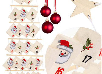 Adventskalender 24 Zakjes – Hangende Kerstkalender 100 cm – Vilt en Hout – Herbruikbare Adventskalender om Zelf te Vullen – Meerkleurig