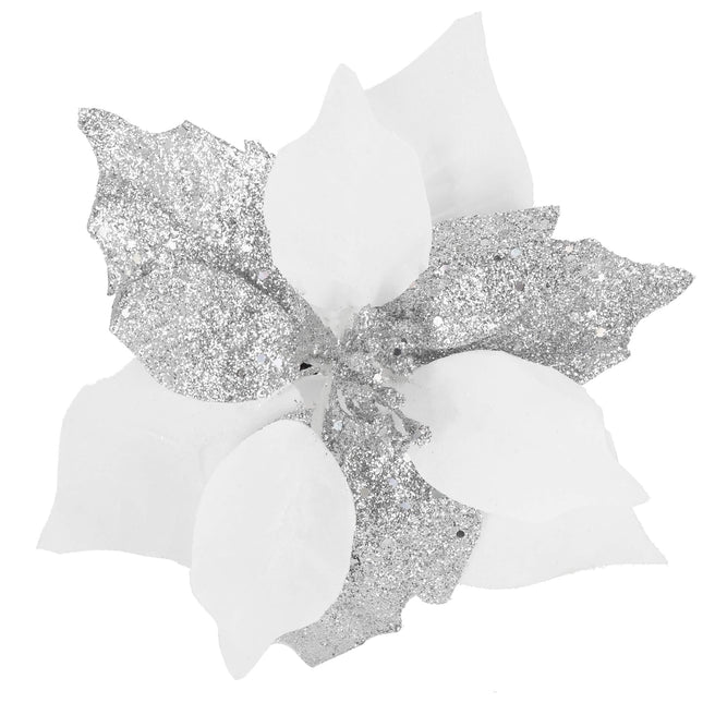 Kunstbloem Met Clip- Poinsettiatak - Ster van Bethlehem - Wit/Zilver - Glitters