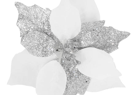 Kunstbloem Met Clip- Poinsettiatak - Ster van Bethlehem - Wit/Zilver - Glitters