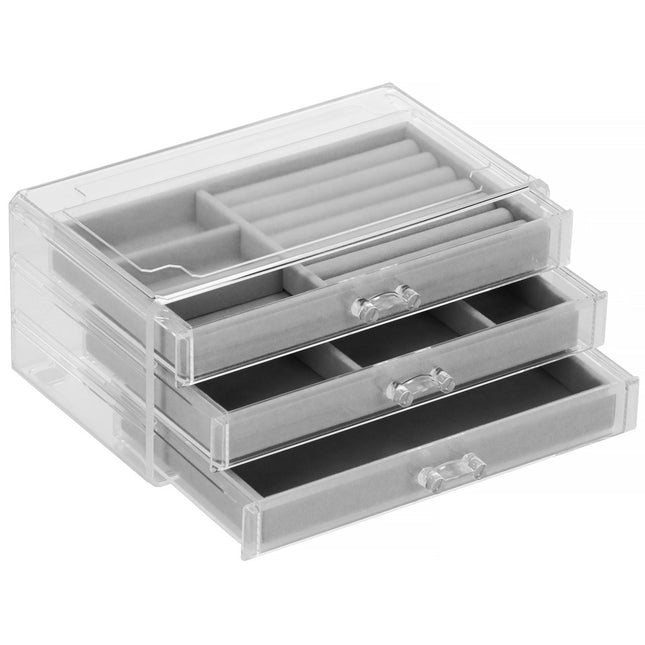 Sieradendoos | Juwelendoos | 3 Lades | 23 x 14 x 11 cm | Tinten grijs