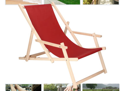 Ligbed | Strandstoel | Ligstoel | Verstelbaar | Arm Leuning | Beukenhout | Handgemaakt | Bordeaux Rood