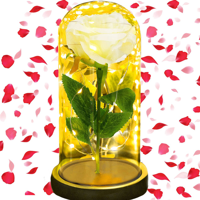 Eeuwige Roos - Geschenkbloem - LED - Decoratie - In Glas - Valentijnsdag - Wit - 21 cm