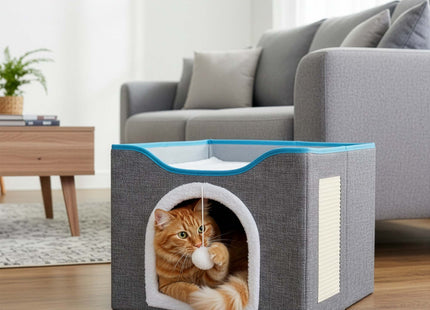 Kattenmand - Kattenhuis - Bed - Kussen - Krabpaal - 42 x 41 x 34 cm - Grijs - Blauw