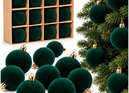 Kerstballen 12 Stuks – Donkergroen – Fluwelen Kerstboomversiering – Onbreekbare Kerstballen 5,5 cm – Inclusief Ophangkoorden