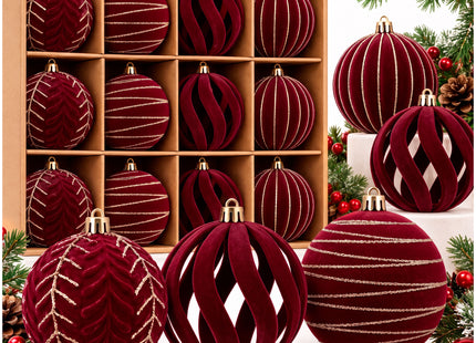 Kerstballen | 12 Stuks | 7,5 cm | Rood | Velours | 4 Designs