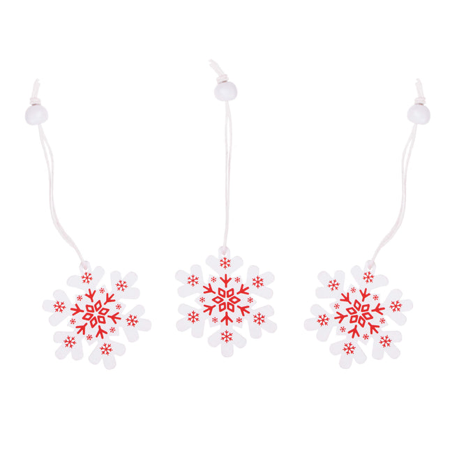 Kersthanger | Sneeuwvlok | Rood/Wit | Hout | 5 cm | 3 Stuks