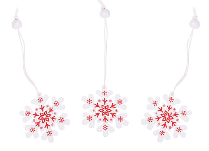 Kersthanger | Sneeuwvlok | Rood/Wit | Hout | 5 cm | 3 Stuks