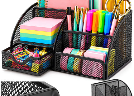 Springos® Bureau Organizer Zwart – Metalen Pennenhouder met 6 Vakken en Uitschuifbare Lade – Bureau Opberger voor Kantoorartikelen – 22 x 14 x 13 cm
