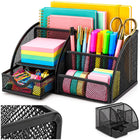 Springos® Bureau Organizer Zwart – Metalen Pennenhouder met 6 Vakken en Uitschuifbare Lade – Bureau Opberger voor Kantoorartikelen – 22 x 14 x 13 cm