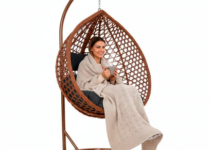 Hangstoel | Egg Hangstoel | XXL 125 cm | Inclusief Standaard & Kussen | Bruin/Rotan