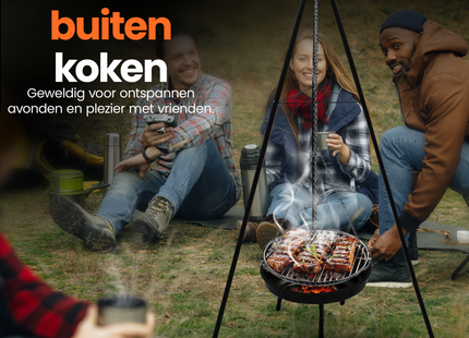Muntel® BBQ Tripod - Driepoot - 6 in 1 - Inclusief Pot - Inclusief Rooster - Inclusief Vis Rookplankjes - Inclusief Vuurschaal - 6 X Spies - 1 X Suikerhoedhouder -  65 x 180 cm