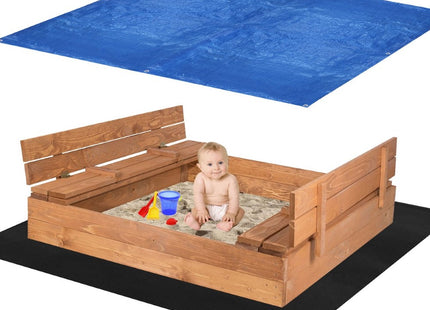 Zandbak | 120 x 120 x 20 cm | Zandbak Met Deksel | Zandbak Met Bank | Inclusief Gronddoek En Afdekzijl