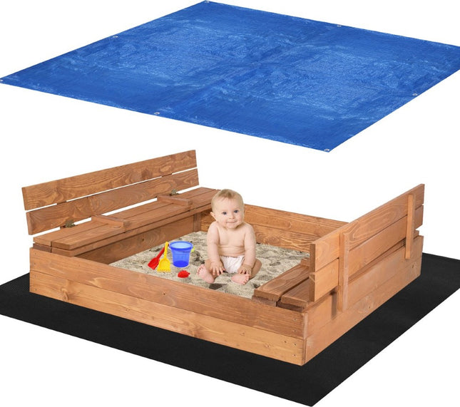 Zandbak | 120 x 120 x 20 cm | Zandbak Met Deksel | Zandbak Met Bank | Inclusief Gronddoek En Afdekzijl