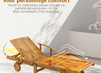 Houten Ligstoel - Ligbed -  Op Wielen -  Verstelbaar - Weersbestendig  - Uitschuiftafel - 193 x 70 x 30 Cm