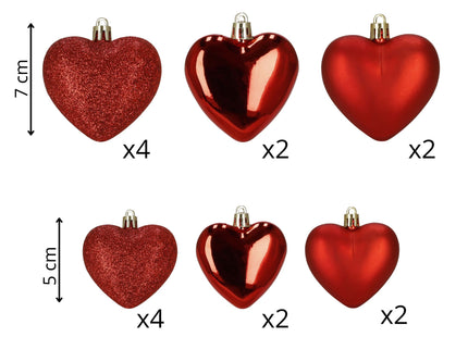 Kerstballen | 16 Stuks | 5/6/7 cm | Rood | Hartjes