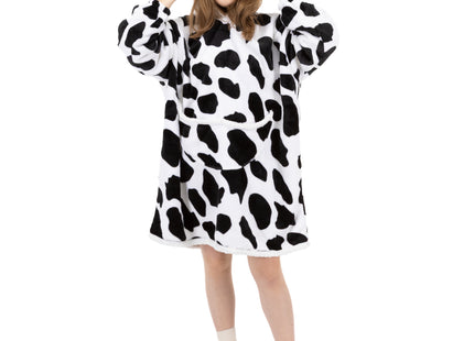 Hoodie Deken | Badjas | Deken Met Mouwen | One Size | Koe | Polyster | WIt/Zwart