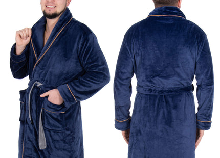 Badjas - Fleece - Marineblauw - Grijstint - Capuchon - Riem - Maat L/XL