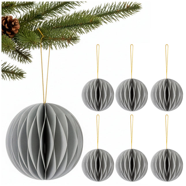 Kerstbal | Papier | 8 Cm | 3D | Grijs  | 6 Stuks