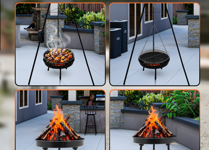 Muntel® BBQ Tripod - Driepoot - 6 in 1 - Inclusief Pot - Inclusief Rooster - Inclusief Vis Rookplankjes - Inclusief Vuurschaal - 6 X Spies - 1 X Suikerhoedhouder -  65 x 180 cm