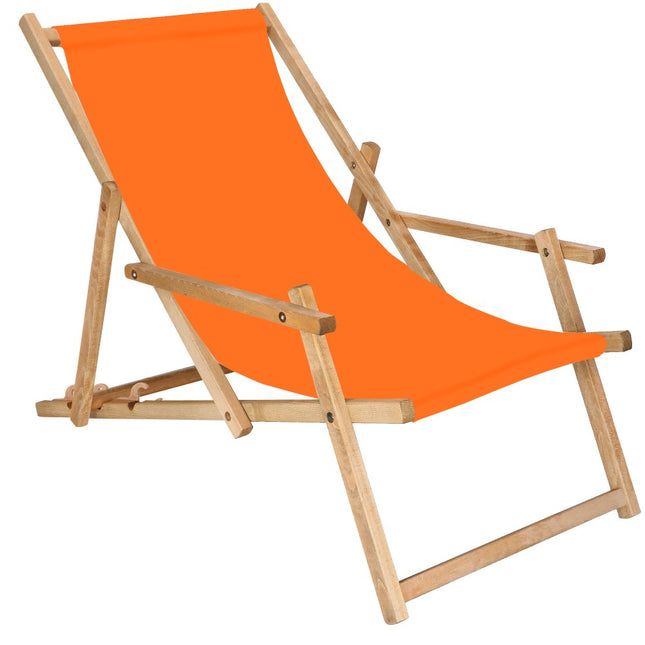 Ligbed | Strandstoel | Ligstoel | Verstelbaar | Arm Leuning | Beukenhout | Geïmpregneerd | Handgemaakt | Oranje