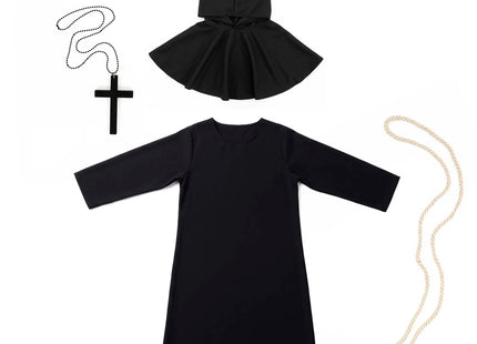 Monnikenkostuum - Volwassenen XL – Zwarte Monnikspij met Capuchon – 4-Delig Verkleedpak met Kruis en Koord – Halloween en Carnaval – 182-188 cm