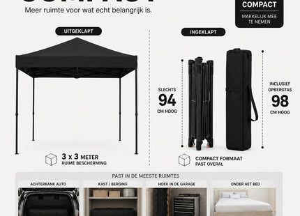 Muntel® Partytent - 300x300x285cm - Hoogte Verstelbaar - PVC - Polyester - Harmonica- Frame - Antraciet- Draagtas
