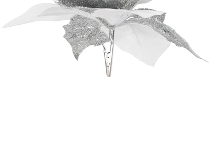 Kunstbloem Met Clip- Poinsettiatak - Ster van Bethlehem - Wit/Zilver - Glitters