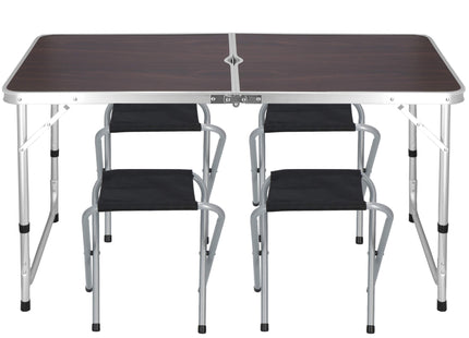 Campingtafel - Inklapbaar -  Verstelbaar Inclusief Stoelen - Donkerbruin/Zwart  - 120 x 60 x 70 cm