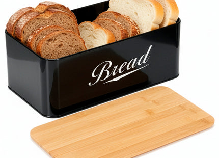 Broodtrommel Voor Op Het Aanrecht  - Broodmand - Metaal - Bamboe Deksel - Zwart - 30 X 23 X 13 CM