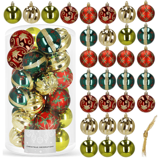 Kerstballen | 30 Stuks | 6 cm | Groen/Rood/Goud