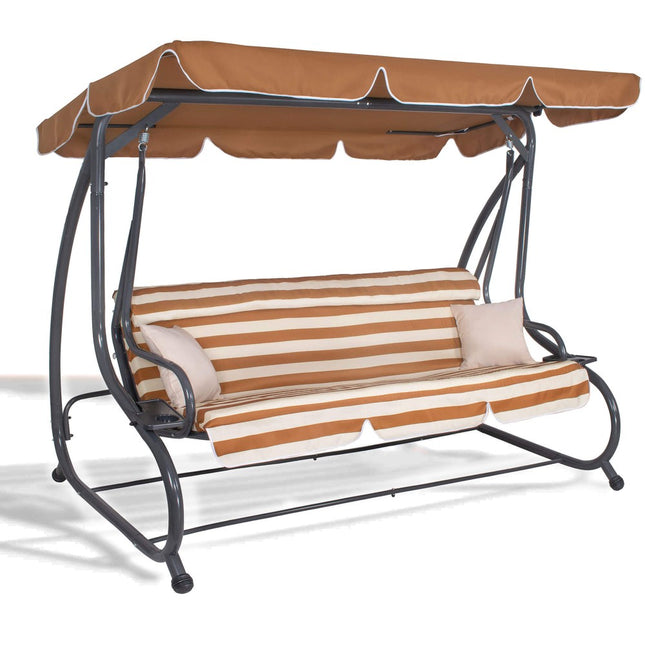 Schommelbank | Luna-Schommel | 4-zits | Waterafstotend | Inclusief 2 Kussens | Verstelbare Luifel | 230 x 130 x 162 cm | Bruin/Wit/Grijs