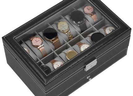 Horlogedoos -Sieradendoos - Horlogebox - Horlogeopberger - Zwart - 12 Horloges - 30x20x13 Cm