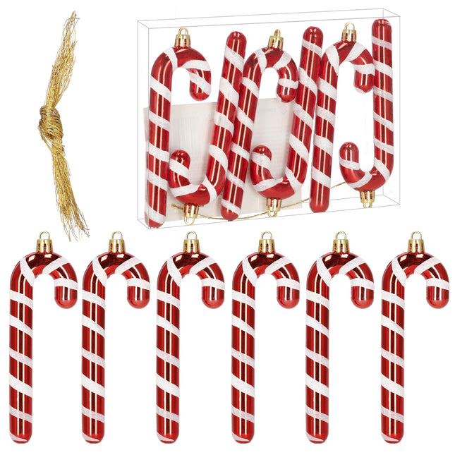 Kersthanger | Zuurstok | Kerstboomhanger | Wit | Rood | Kunststof | 13,5 cm | 6 Stuks