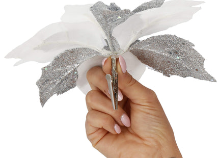Kunstbloem Met Clip- Poinsettiatak - Ster van Bethlehem - Wit/Zilver - Glitters