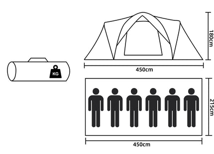 Tunneltent | Kampeertent | Tent | Waterdicht | Klamboe | Hoes | 6 Persoons | Grijs | 450 x 215 x 180 cm