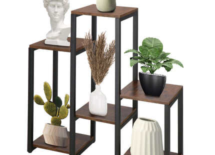 Plantenrek | Plantenstandaard | Plantentrap | 6 Niveaus | Metaal | Hout | Zwart | Donkerbruin