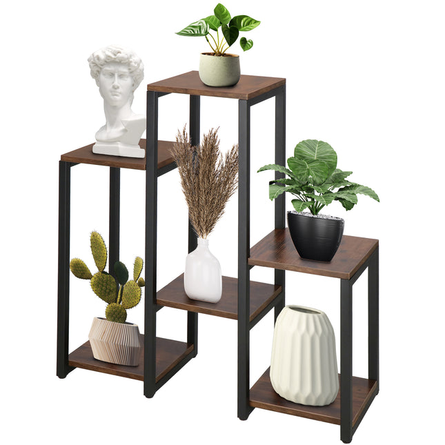 Plantenrek | Plantenstandaard | Plantentrap | 6 Niveaus | Metaal | Hout | Zwart | Donkerbruin