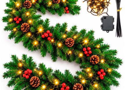 Kerstslinger met Verlichting 3 Meter – 70 Warm Witte LED Lampjes – Dennenappels en Rode Bessen – 8 Lichtstanden – Timer – IP44 – Binnen en Buiten